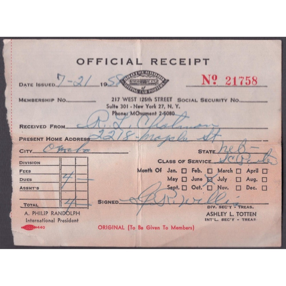 Vintage 1958 Brotherhood Sleeping Car Porters Receipt Omaha NE Black Americana